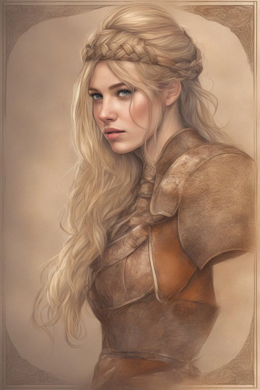 A drawing of beautiful woman with blond hair, viking braids Brown leather armor. Horse