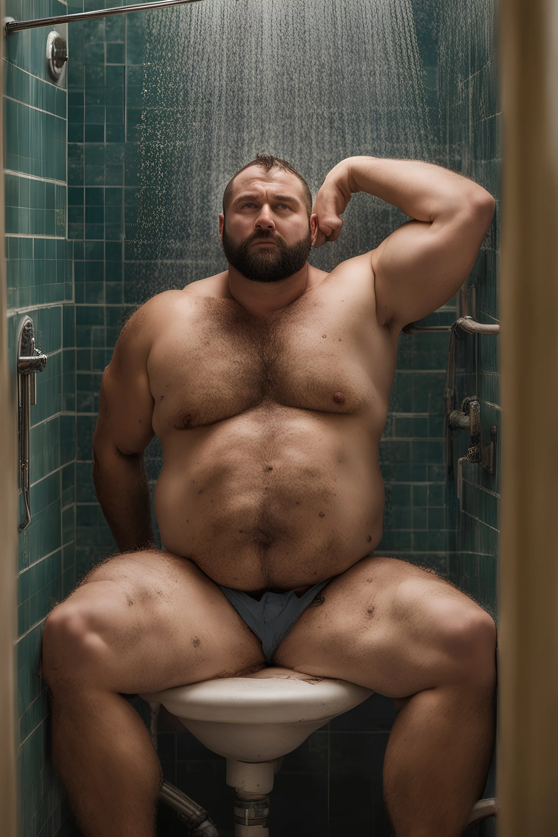 full figure photo, two burly big chubby sicilian plumber, dirty, ripped overalls, 33 years old, crossed arms, shaved, short beard, manly chest, very virile, hairy, manly arms, ugly, big thighs, under the flushing shower, sunlight , photorealistic, 35mm lens, ultra detailed