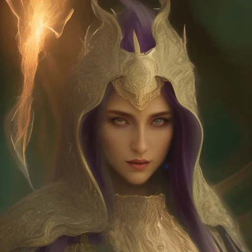 A beautiful portrait female warlock long hood cloak purple, fighting dark evil monster from hell in magic world, 8 k, trending on artstation by tooth wu ” digital art by Eugene de Blaas and Ross Tran, vibrant color scheme, highly detailed, in the style of romanticism, cinematic, artstation best quality, realistic lighting, masterpiece portrait, details light dusting , cowboy shot from above, simple chain hauberk Vector art digital illustration 3D shading