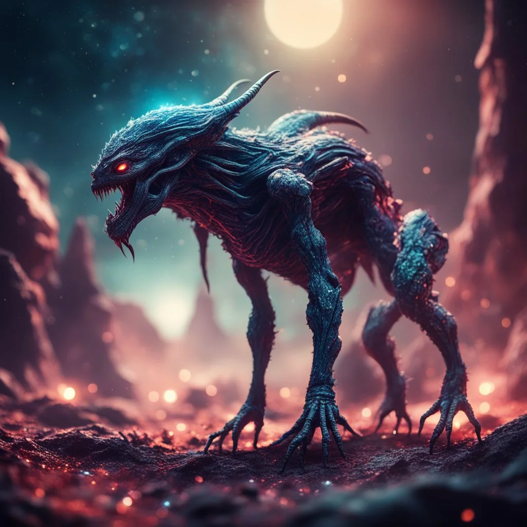 giant carnviore creature on alien planet, sharp focus, high contrast, dark tone, bright vibrant colors, cinematic masterpiece, shallow depth of field, bokeh, sparks, glitter, 16k resolution, photorealistic, intricate details, dramatic natural lighting