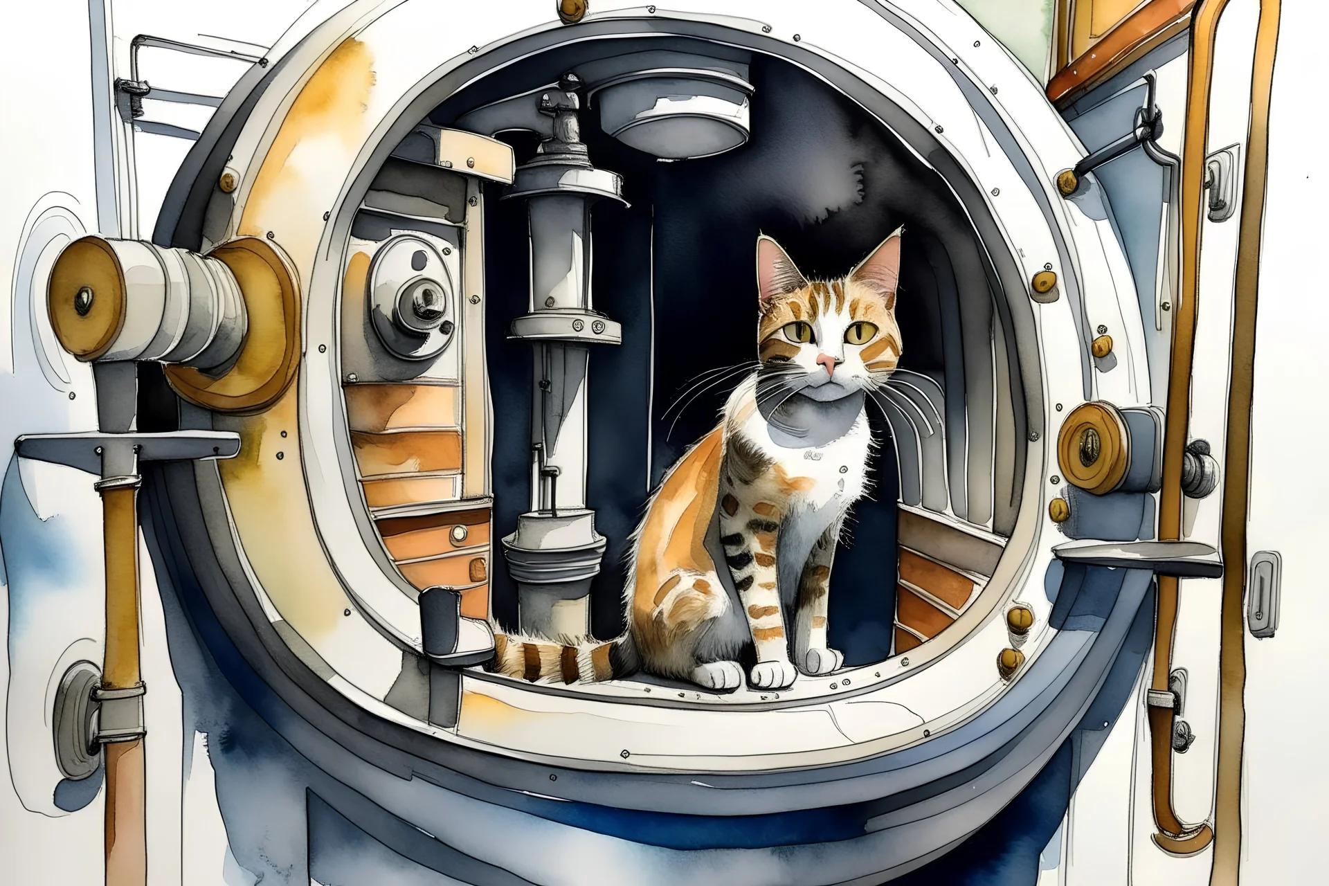 Cat on the boiler in the bathroom, watercolor and ink