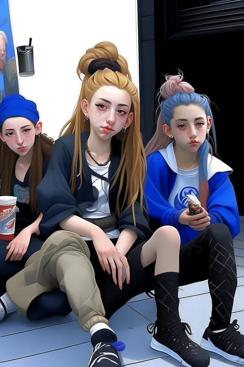 iki kız beraber sokakta oturuyorlar yaşları daha büyük liseliler daha renkli kızlardan birinin saçı kabarık diğerininki ise biraz uzun geniş açı ikisininde vücudu tam görünsün 2d çizgi roman gölgelendirmesi