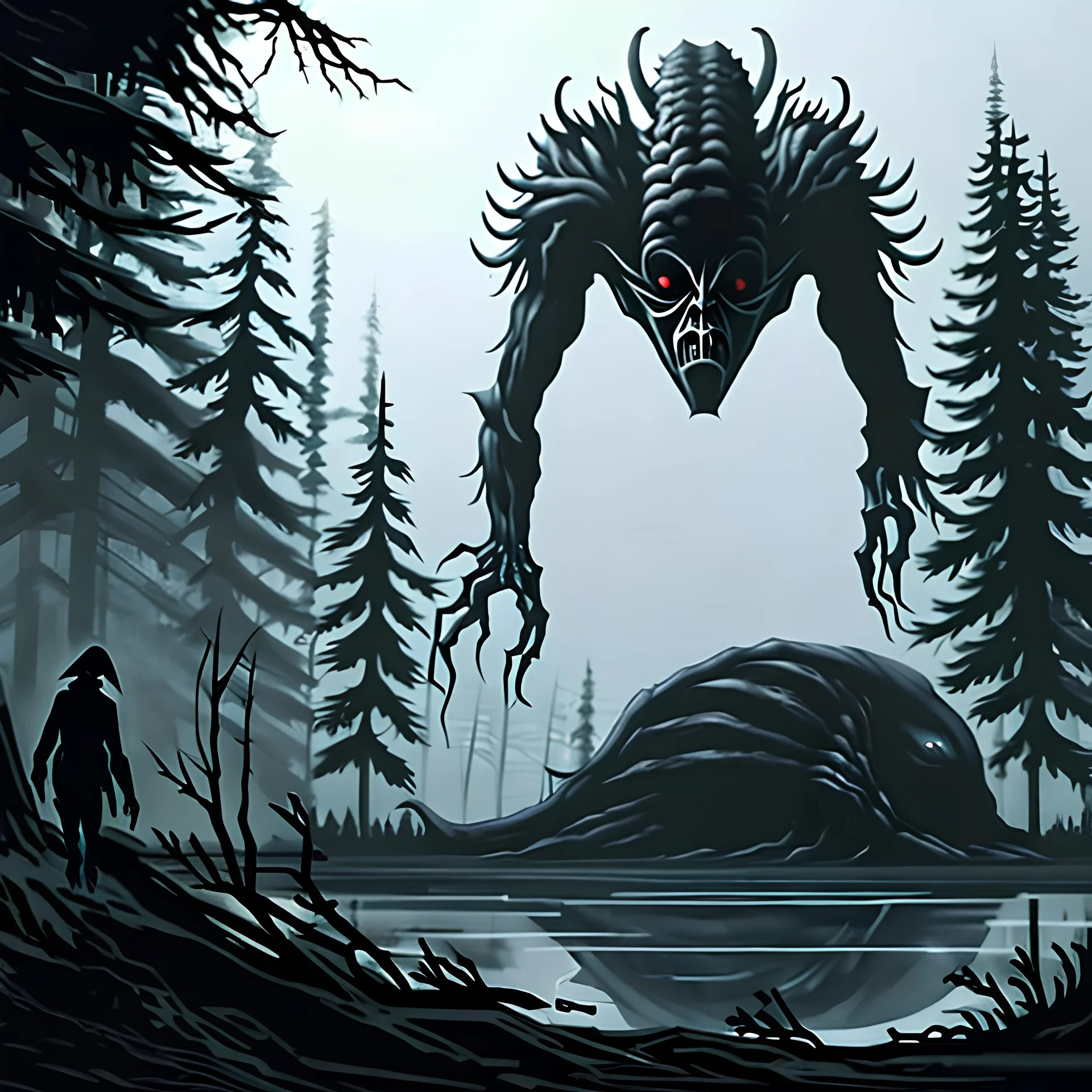 Depict a scared humanoid cryptid. Dark pine Forest. Carcasses on the ground. UFO in the sky.
