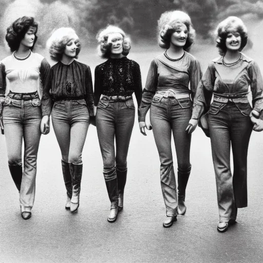 Four Ziegfeld Girls on jeans walking