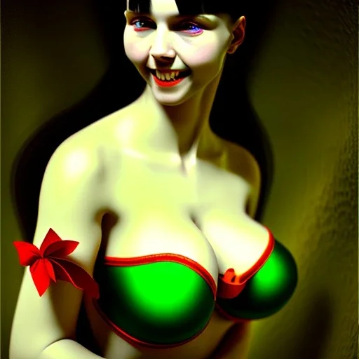 Portrait of Vampirella voloptuos busty beautiful green eyes smiling lingerie by Jean Auguste Dominique Ingres 4k