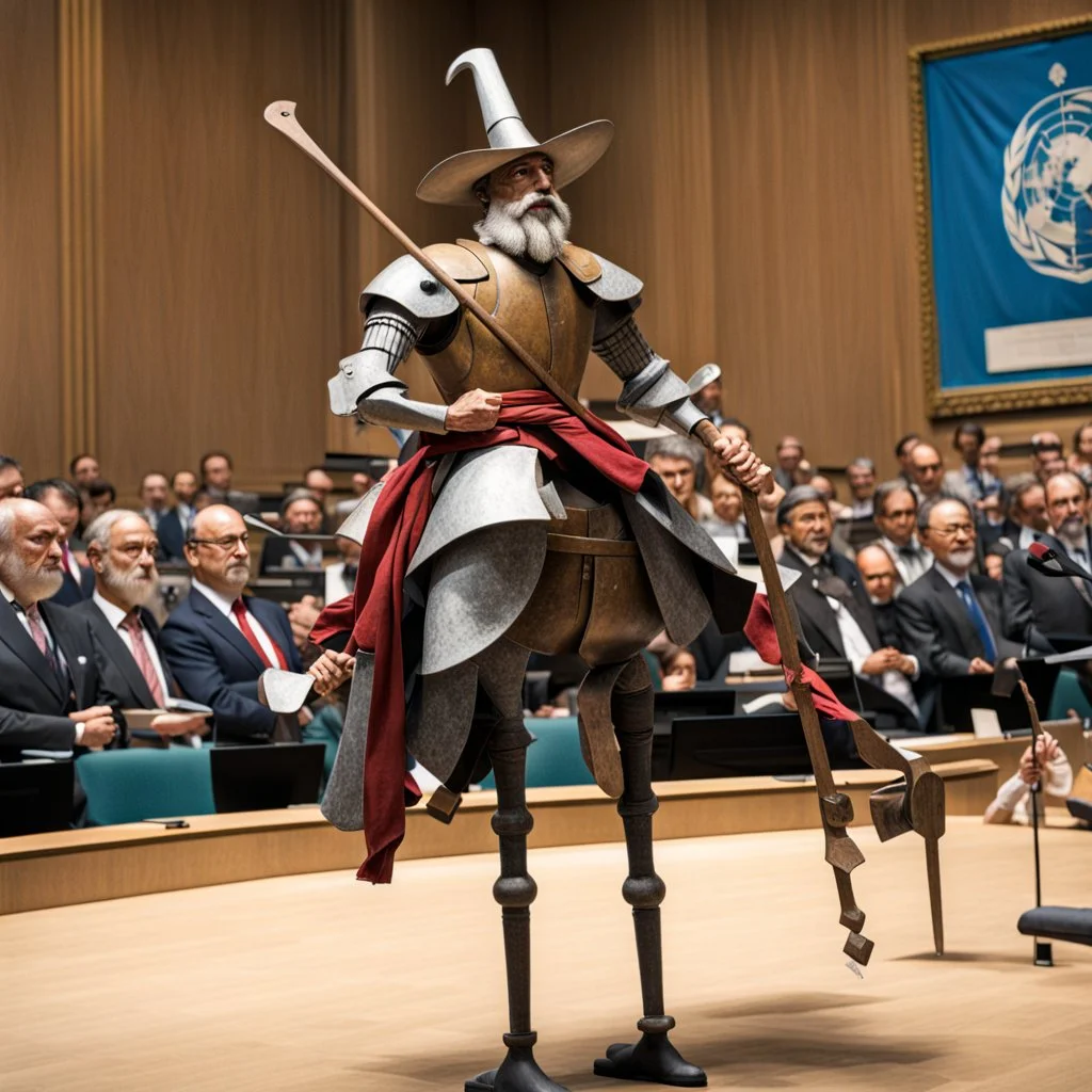 Don Quixote speaks to the General Assembly of the United Nations.