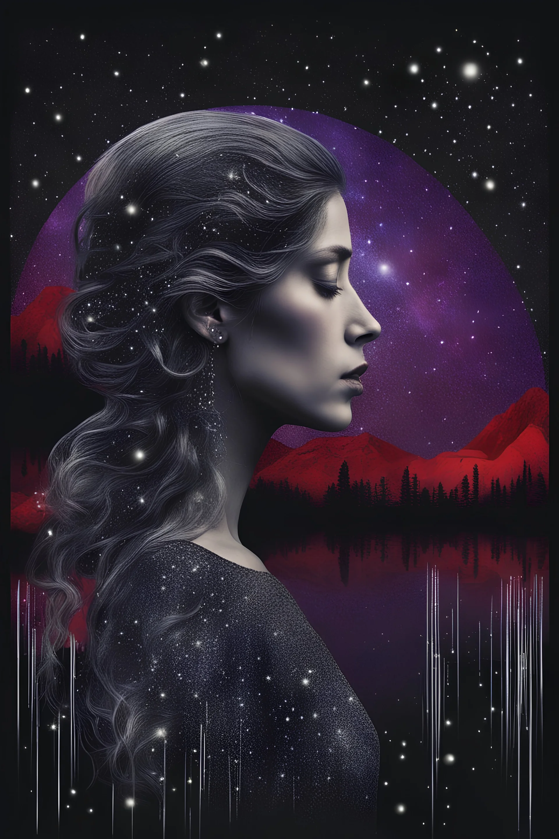 Double exposure of a female person's profile and a utopistic starry night sky, dramatic mood, dark depressive style, highlySurreal reflection, dark, melancholic, purple, gray, red, black colors, surreal abtractions, strange things, Kandinsky world detailed intricate, surreal, stunning,