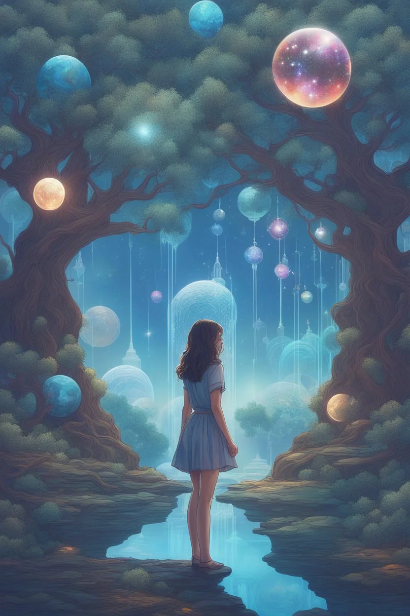 Girl tree. Standing on a ground of ornate glass and patterned glass trees. And a sky colored with stars and planets. And a star portal in the sky, inside which is a world with futuristic buildings and waterfalls.