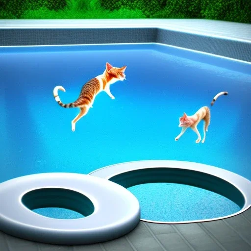 Eine Katze schwimmt im Swimmingpool, realistic Foto with all details