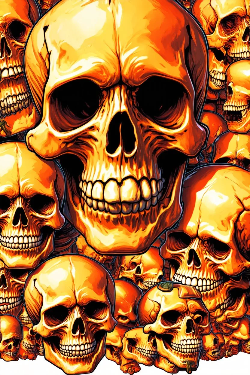 a field of 1000s of cartoonish, anatomically correct, skulls, vivid RANDOM BRIGHT neon colors, dark comedy, well lit, high detail, photorealistic, horrorcore, fun, scary, none featured, each a different color or hue,