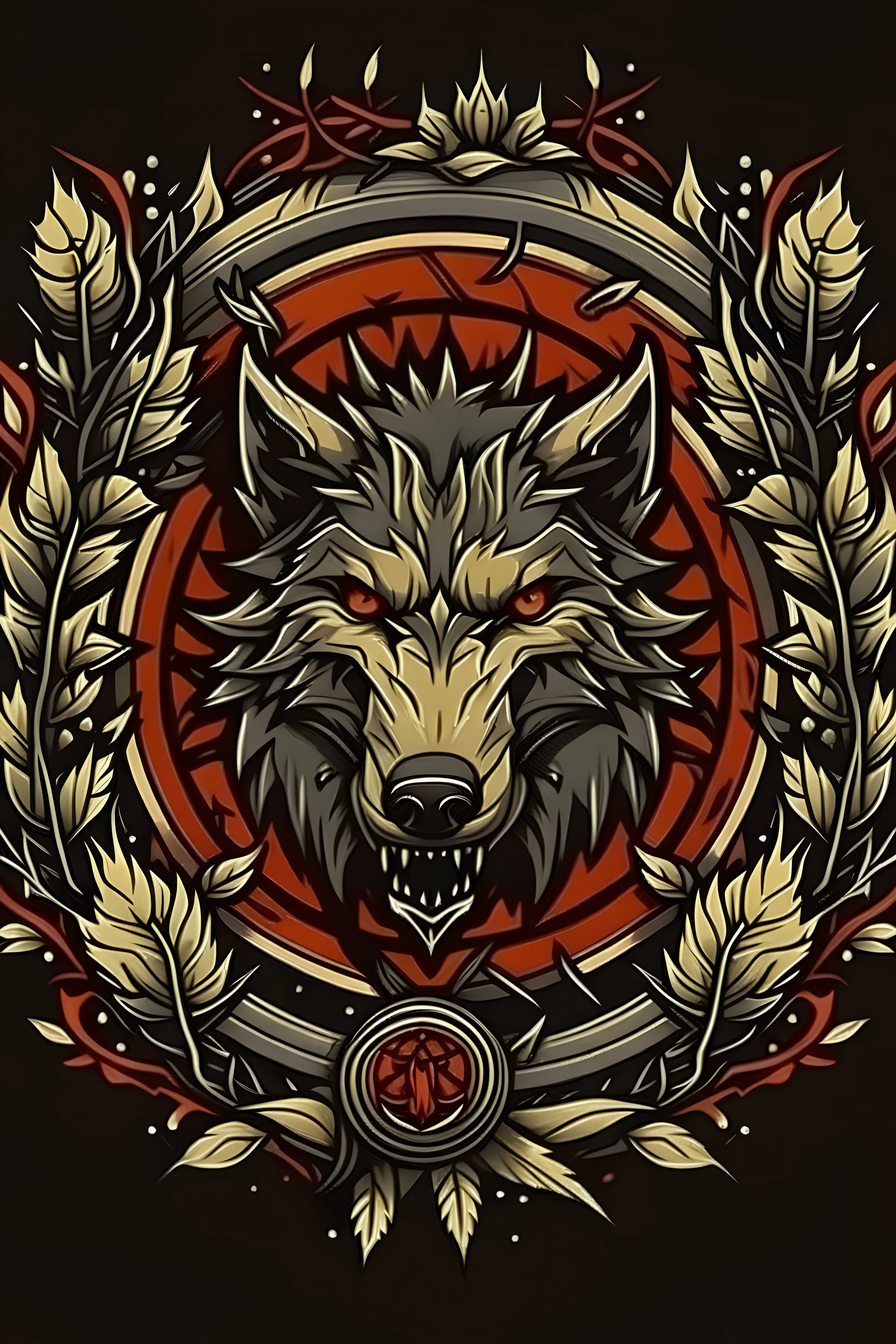 Emblem of a savage wolf head surrounded by a wreath of thorns