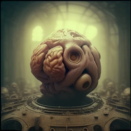 a ugly human brain, steam punk, scary, horror, realistic, made in octane, cinematic, ultra-realistic, extremely detailed octane rendering, 8K, VRAY Super Real ar 2:3, dof photorealistic futuristic 50mm lens hard lighting dark gray tintype photograph, realistic lighting, sephia colors