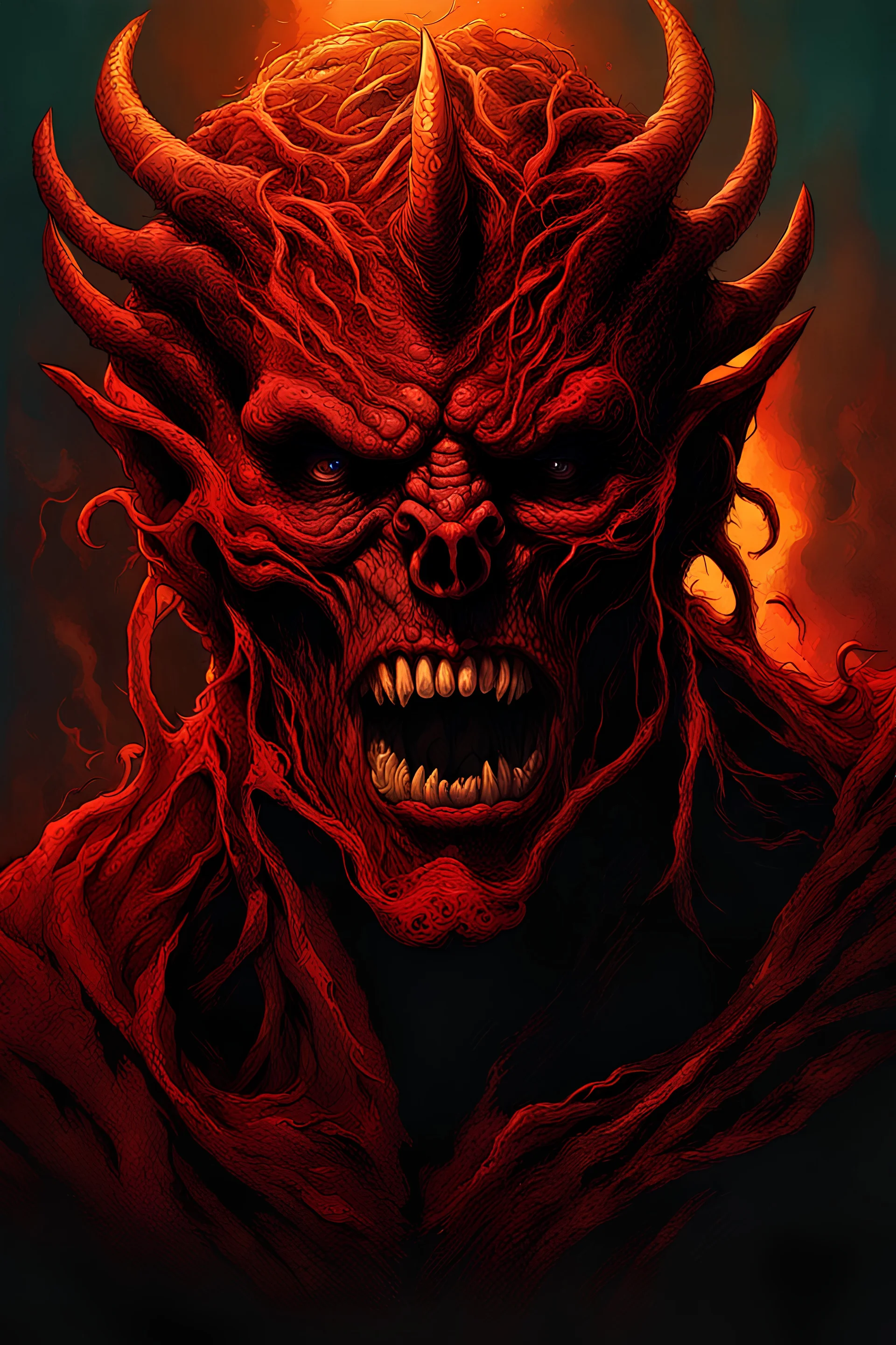 hell and back again. intens horror style. Color. no text. closed mouth. concept art, intricately detailed, color depth, dramatic, side light, colorful background. Painted by Dariusz Zawadzki