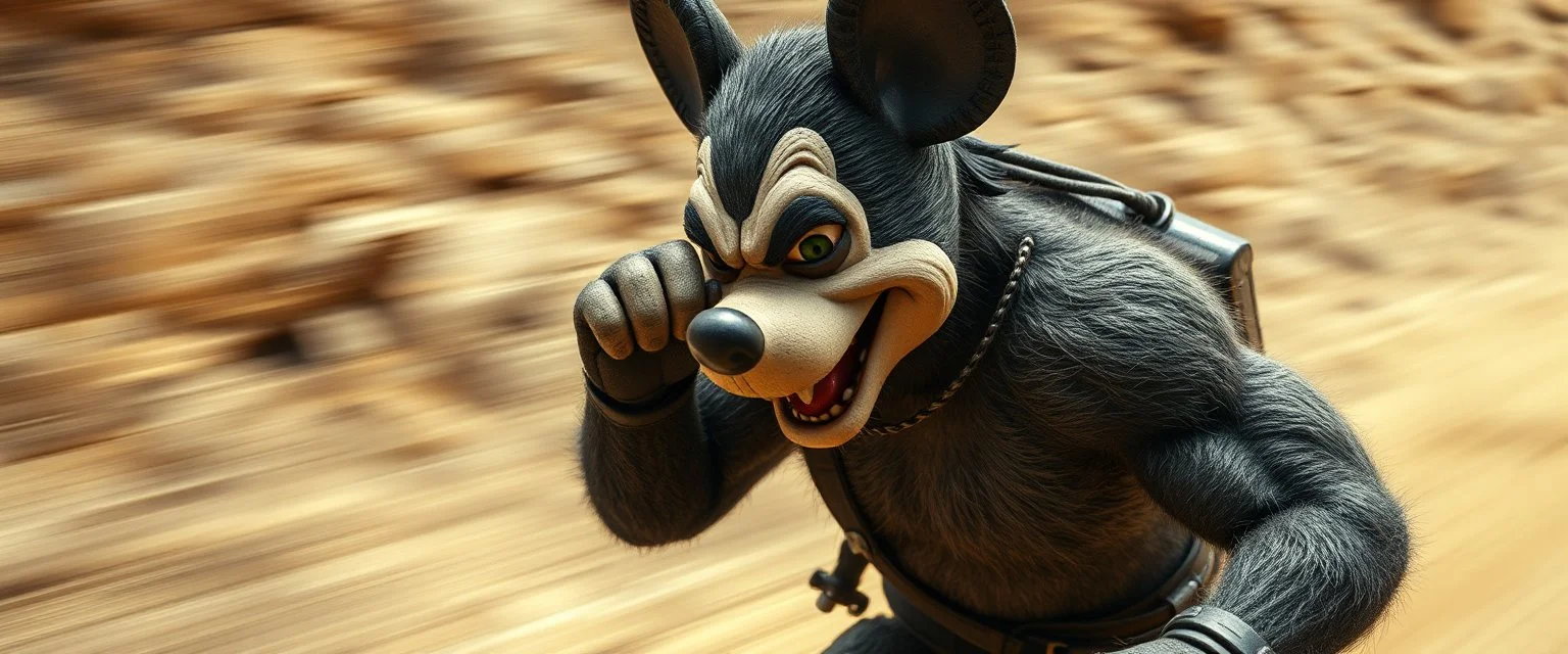 hi speed bad ass cyber punk masculine realistic mickey mouse rambo humanoid with hairy arms and chest, motion blurred background