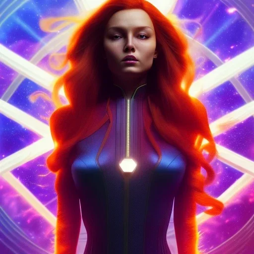 Dark Phoenix, X-Men , Jean Gray. hyperfantastic,hyperscifi,unreal engine.best colours,deep purple . fire theme .blue neon smoke.cinamatic,full cinematic lights.beautiful body details,beautiful face details,8k,