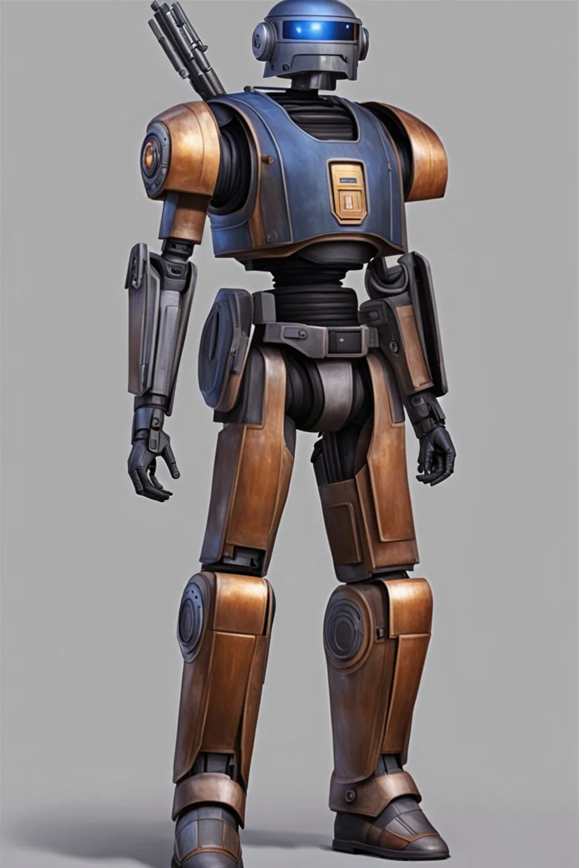 A Star Wars Combat Droid, Wearing Western Cowboy Clothes, Armor looks similar to Halo, Wearing a cowboy hat and a cowboy over coat.