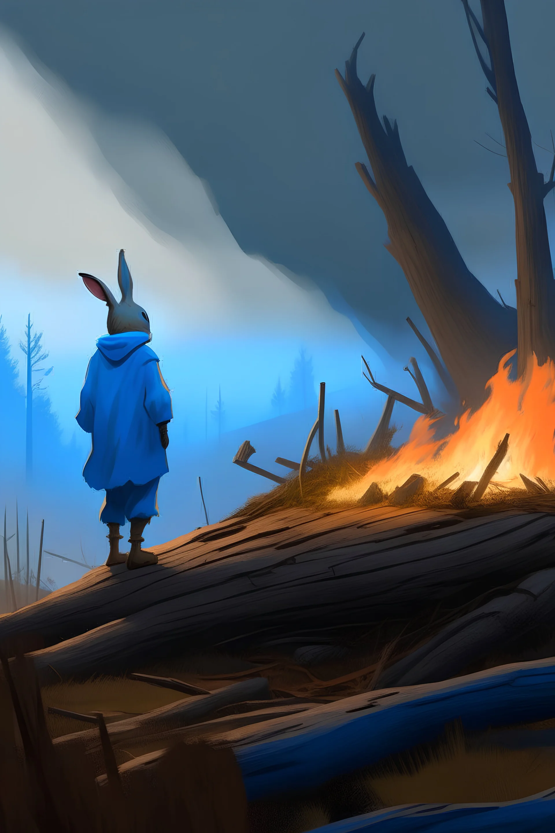 A human-sized rabbit wearing a blue scarf gazing at a giant burning stump from atop a hill, looking sad