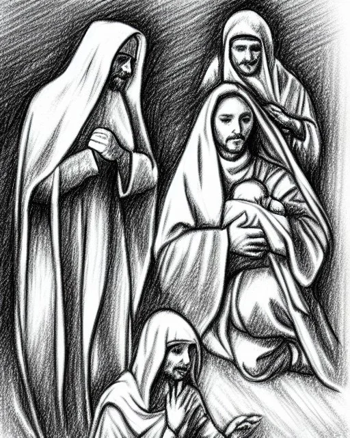 Mary Joseph jesus pencil sketch nativity scene