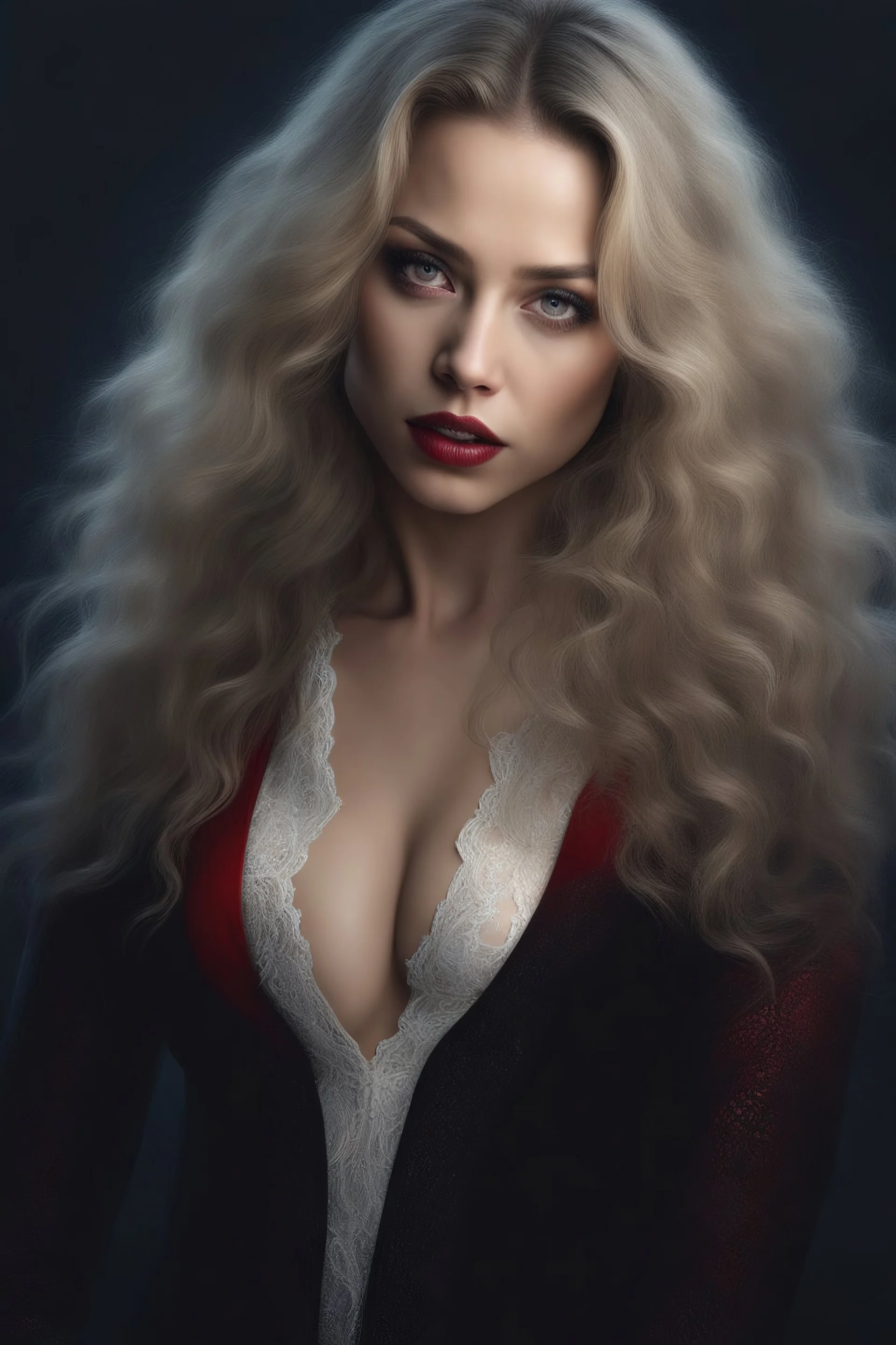 Interview with the vampire - head and shoulders portrait, Photorealistic, hyperrealism, Dazzling, Complex, dramatic, bold, attractive she babe, perfect, Athletic, toned body with tanned skin, perfectly formed body, Dracula City, extremely detailed, lipstick, eyeshadow, eyeliner, mascara, rouge, photorealistic, 4k UHD Photograph,