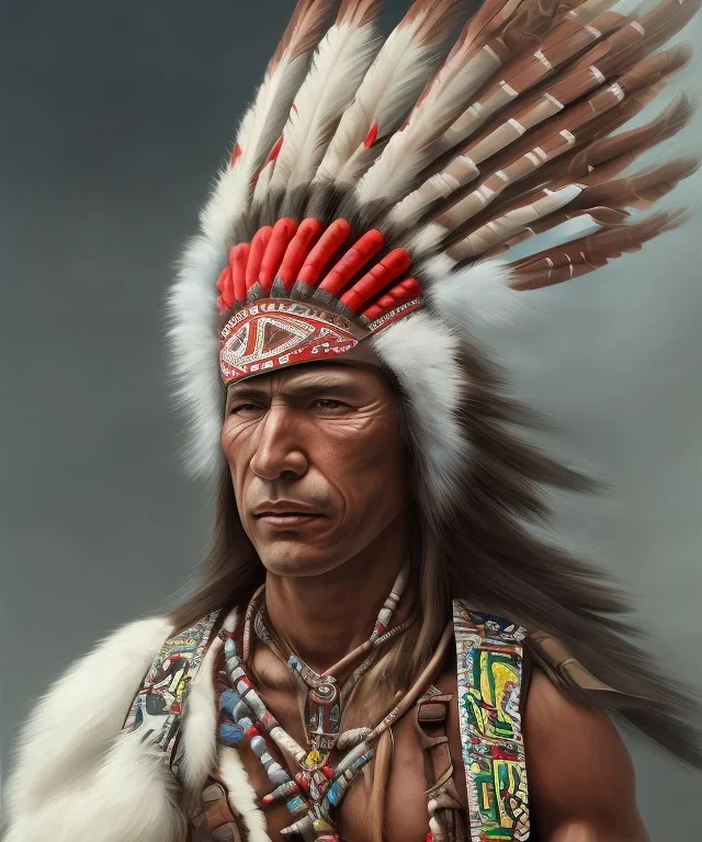 Guaicaipuro, native american face, Muscular warrior, three red feathers headdress, holding spear