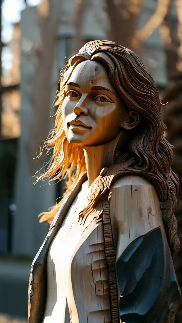 Create an ultra-realistic handcrafted wooden sculpture using the uploaded reference photo as the only identity reference. Transform the person into a real carved wooden statue made directly from a massive natural tree trunk. The sculpture must be carved into a huge, thick, ancient tree trunk with a large diameter, not a small log or short piece of wood. Preserve the person's exact identity, facial structure, expression, hairstyle, and unique features from the reference photo. The face should re