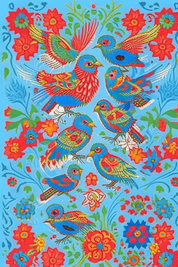 Norwegian folk art bunad pattern rosemaling style with birds, flowers. Vivid colors, High details