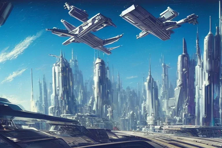 A Spaceship is taking off from a buzzing Space port on a heavy industrialized planet with a futuristic city in the background, retrofuturistic, art by John Berkey, buildings with glass facades, brutalist architecture, insanely detailed, vibrant, 8k uhd, cinematic atmosphere, ultra-wide angle, street level view, brush strokes, blue sky with clouds, dramatic sunset, sharp focus