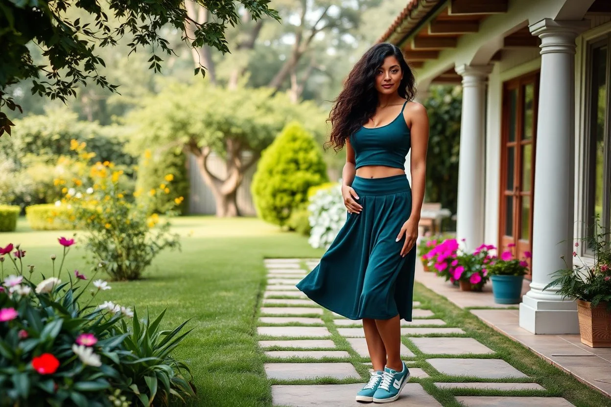 very beautiful lady with beautiful midi dark green-blue skirt and top with curvy hair sports shoes standing in a nice villa yard with trees flowers ,16 by 9