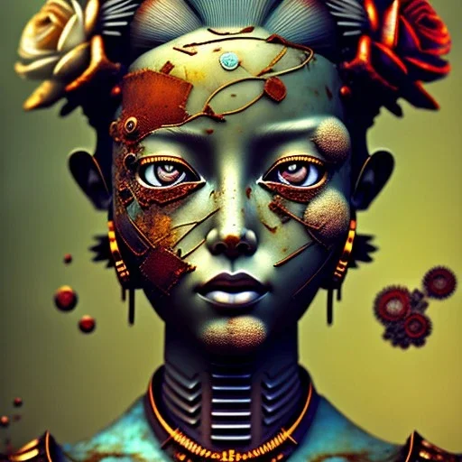 an abstract painting of rusted metal and flowers, Geisha portrait, rust, scaffolding, iron cladding, decay, mixed media, textured, anatomically correct, beautiful perfect face, sharp focus, highly detailed 8k