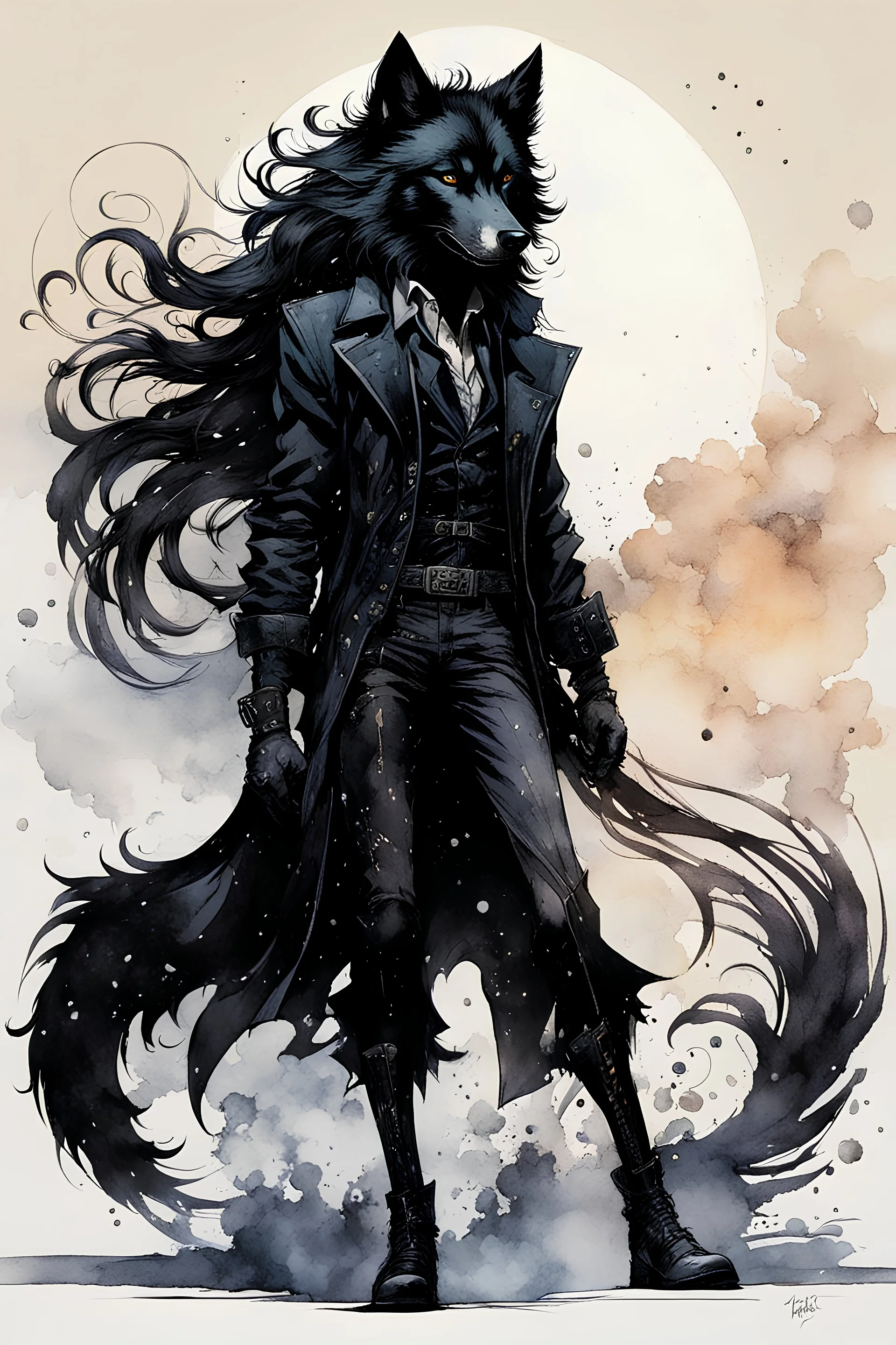 ink wash and watercolor full body concept illustration of an anthropomorphic, fanciful Black Wolf, goth punk thief girl character with wildly flowing hair, ornately dressed with highly detailed feathers and facial features in the comic book style of Bill Sienkiewicz and Jean Giraud Moebius, with a fine art aesthetic, highly detailed , boldly inked, 4k UHD cinegraphic quality