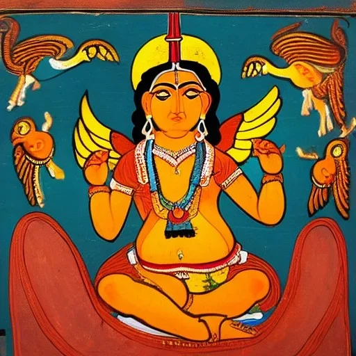 holy cow with hands and wings in Indian painting style