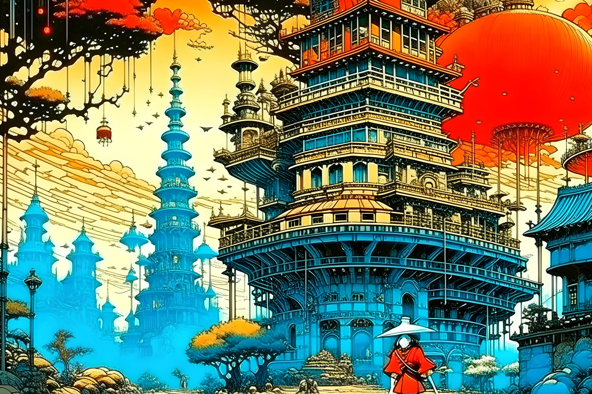 Ukiyo-e Style Joyce Lankester Brisley, ARNOLD LOBEL, Japanese Anime, Mysterious Bizarre Fantastic Surreal Fantasy Sci-Fi, Scattered Beast Bones Spires, Crimson Crystals, Steel Wheels When it moves, the wind, when it stops, it's the sky The sound of spear strikes fills the empty castle, detailed, high resolution definition quality masterpiece