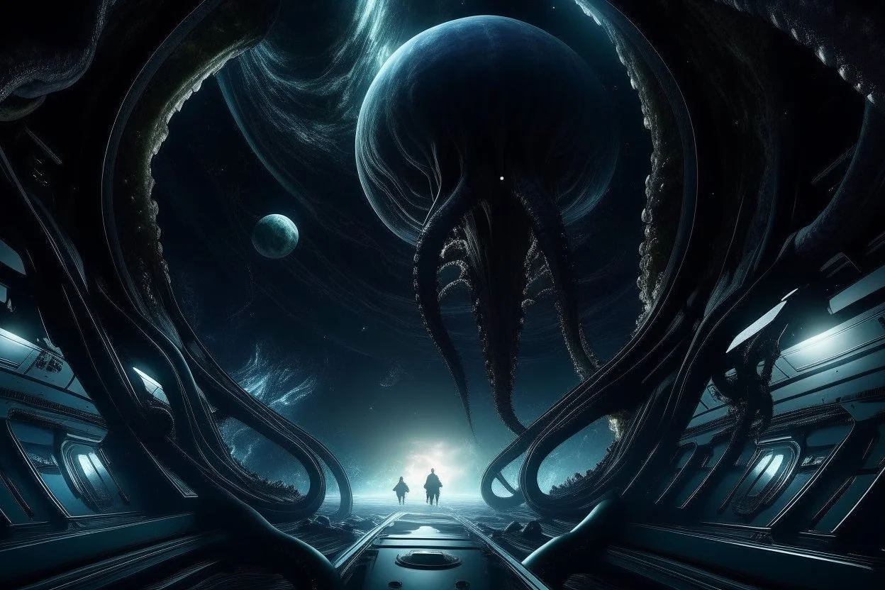 View from a spaceship into a natural event horizon void in space with enormous strange tentacled creatures flying around in the black