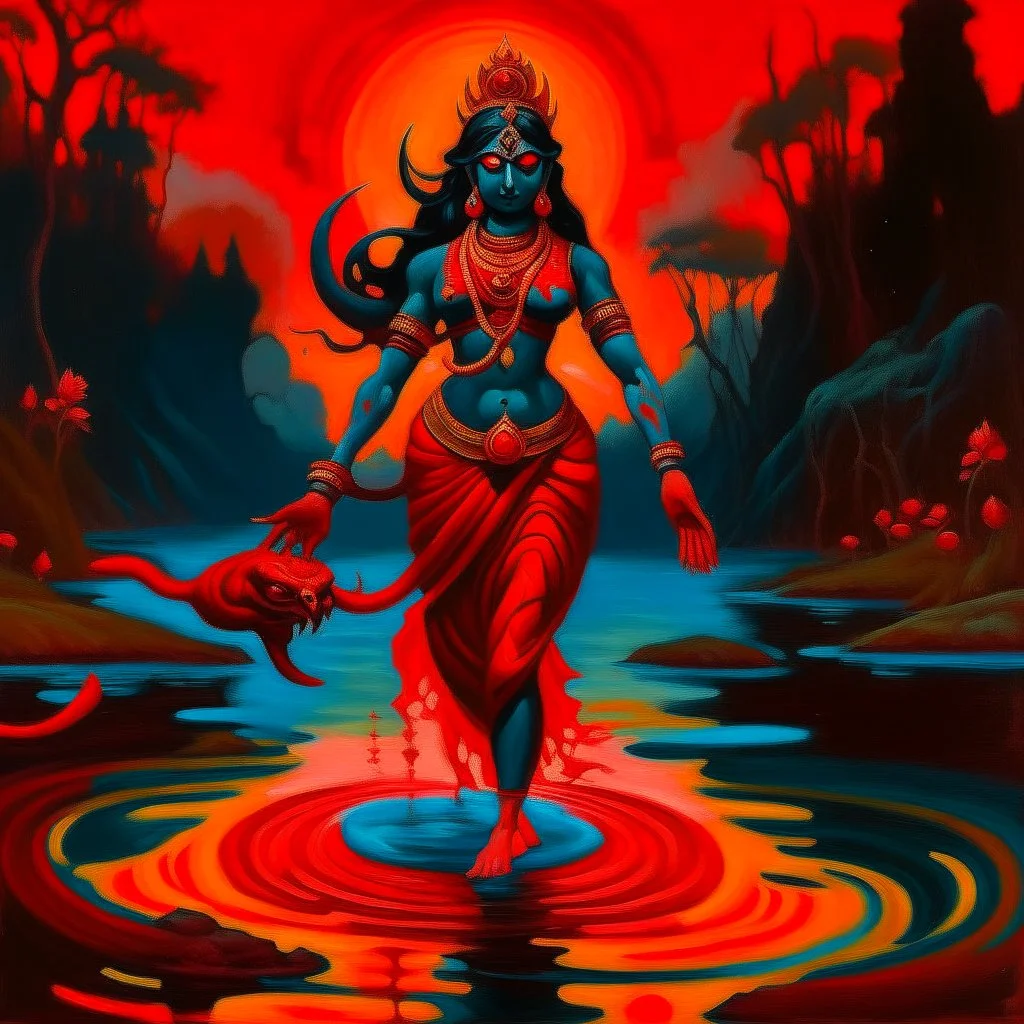 An oil painting of goddess Kali crossing a lake, neon red colors,