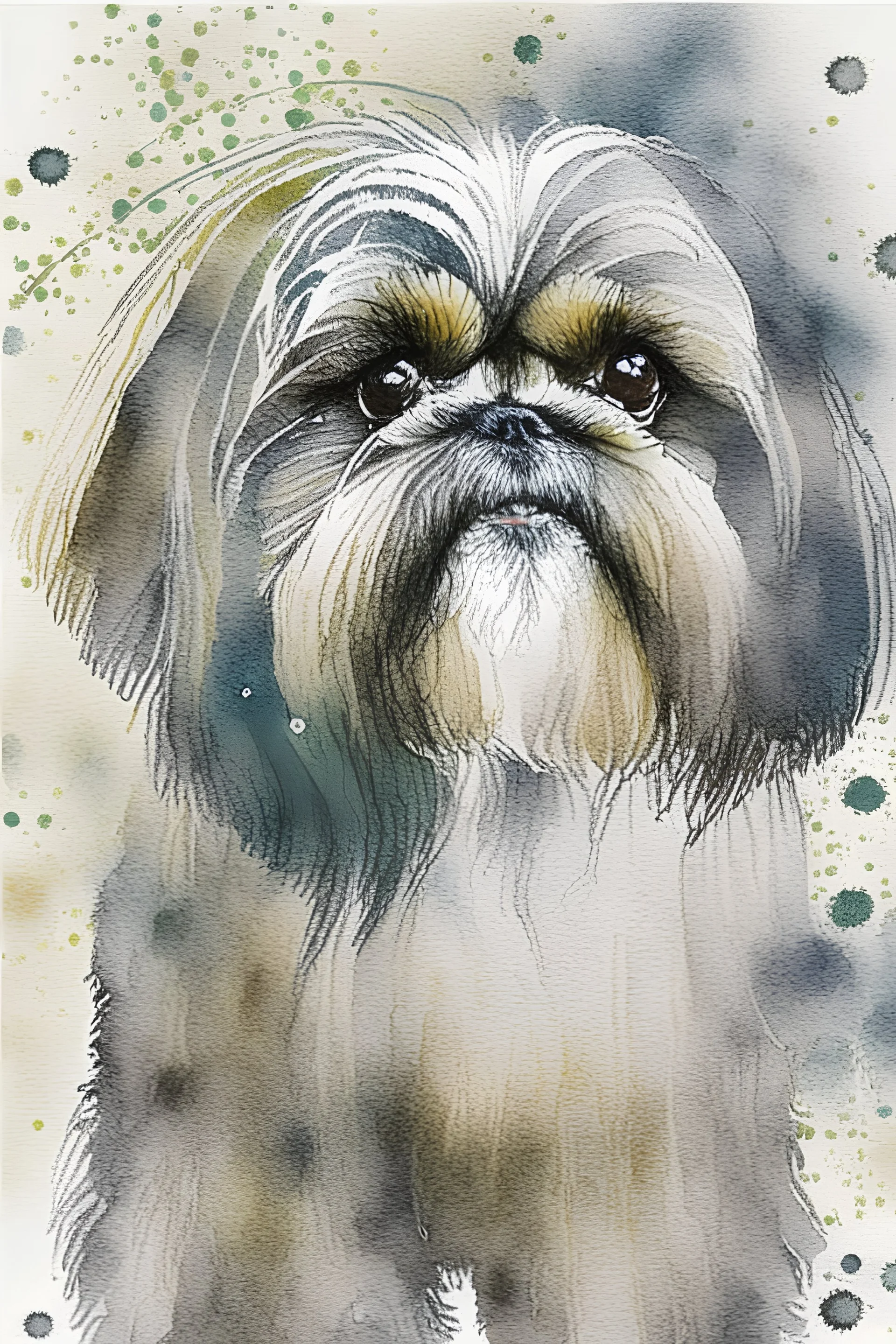 Abstract wet watercolour of a Shih tzu ink lines, interlinked circles,detailed focus on eyes