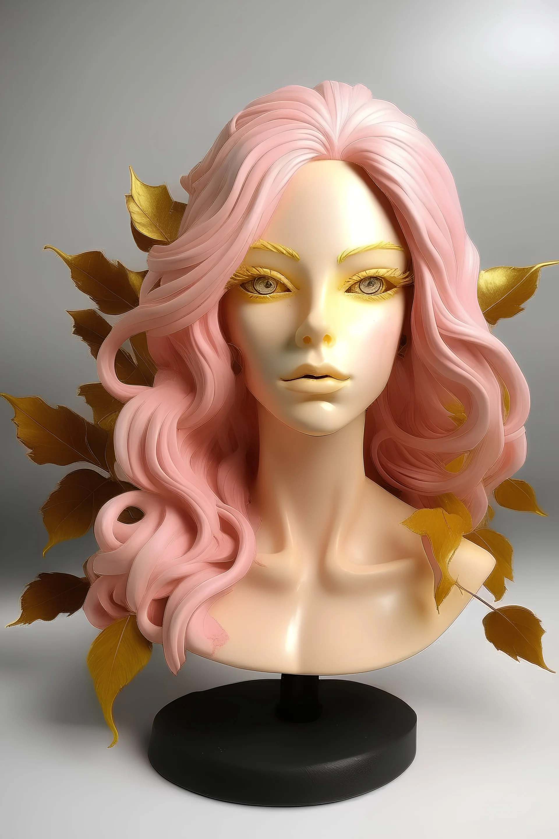 Full rubber angel face with rubber effect in all face with pastel pink long hair sponge rubber effect with golden leaves on the hair