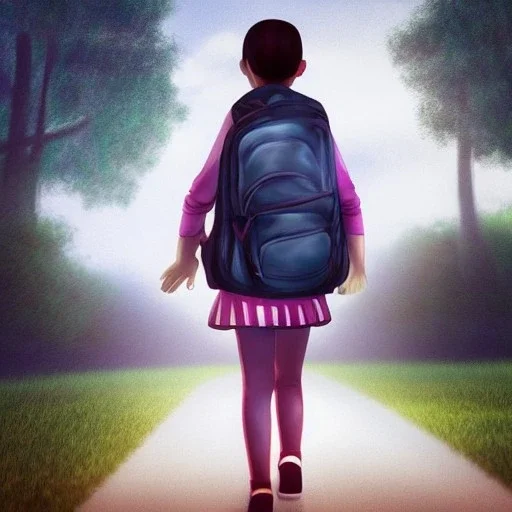 a cute girl who is around the age of 6 years ago caring her school bag as she is walking to school , dramatic, dramatic lighting, volumetric lighting, hyperrealism, 8k, high quality, photorealistic, lot of details