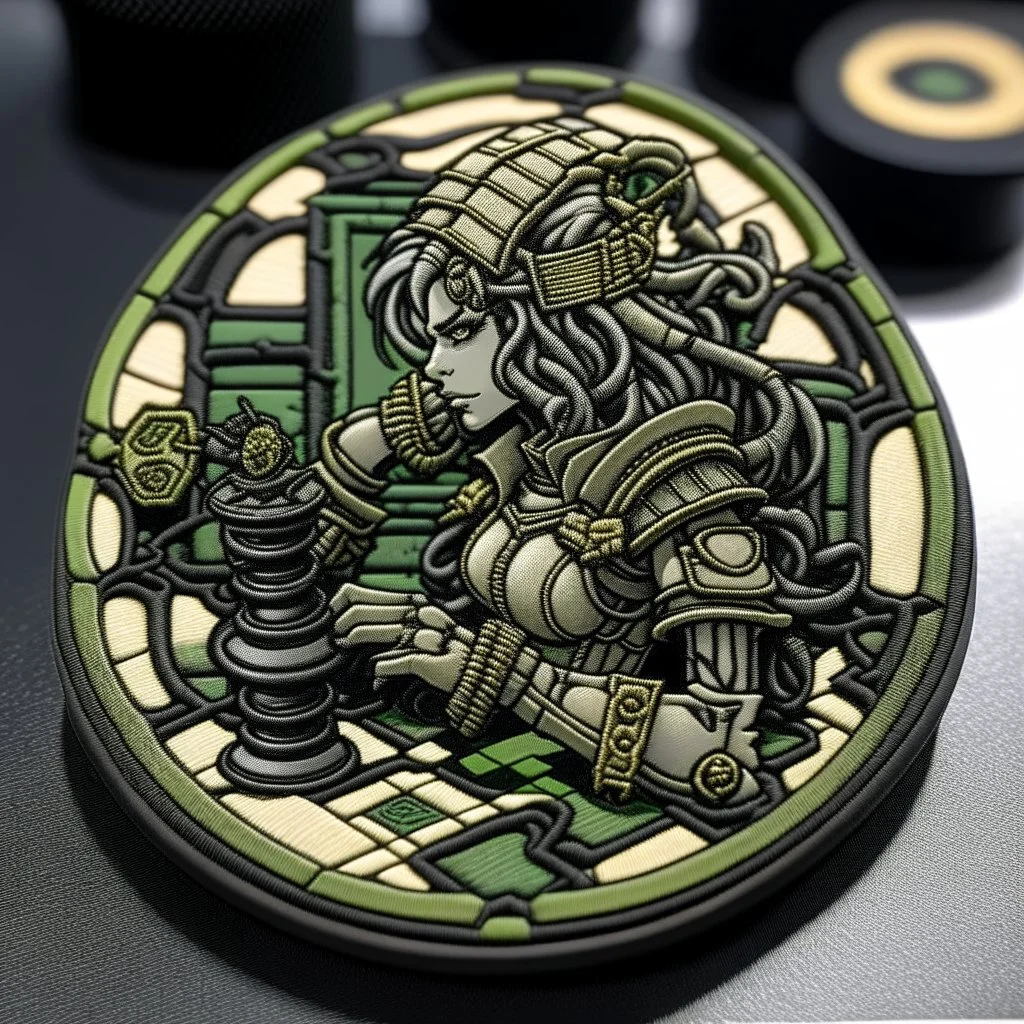 velcro patch of medusa in the style of cyber punk playing chess with a knight chess piece in her hand