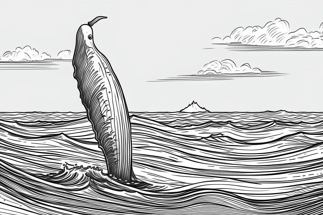 The whale's tail rises above the sea. The sketch is linear in black and white. HIGH-QUALITY image IN 8K