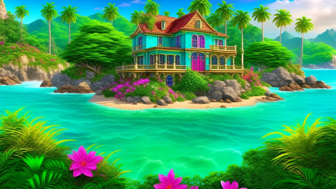 private tropical island, big beautiful house, Virginia mountains, flowers, beach, gems, trending on artstation, sharp focus, studio photo, intricate details, highly detailed, gemstones decorating a lagoon