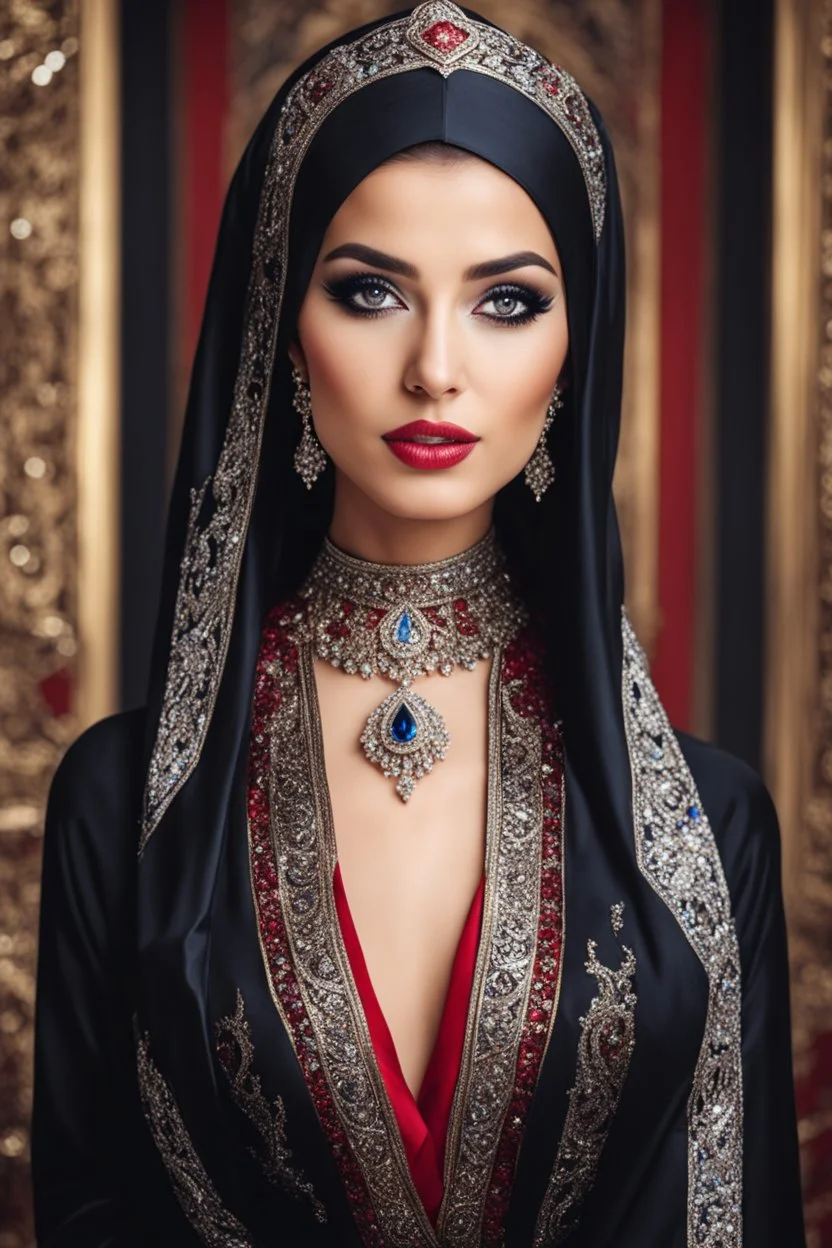 Gorgeous Realistic Photography Super model Iranian as Beautiful hijab dressing luxury gown black and red saphire diamonds jewelry,luxury palace background, close-up portrait