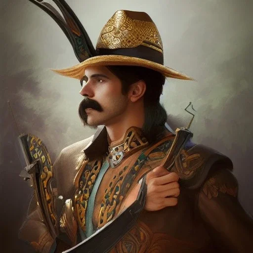 portrait,"Insanely detailed photograph of a male western mustachioed crossbowman", charo detailed, sequenced Sombrero, detailed held dagger, digital painting, artstation, concept art, smooth, sharp focus, illustration, art by artgerm and greg rutkowski and alphonse mucha, 8 k,fantasy, unreal engine