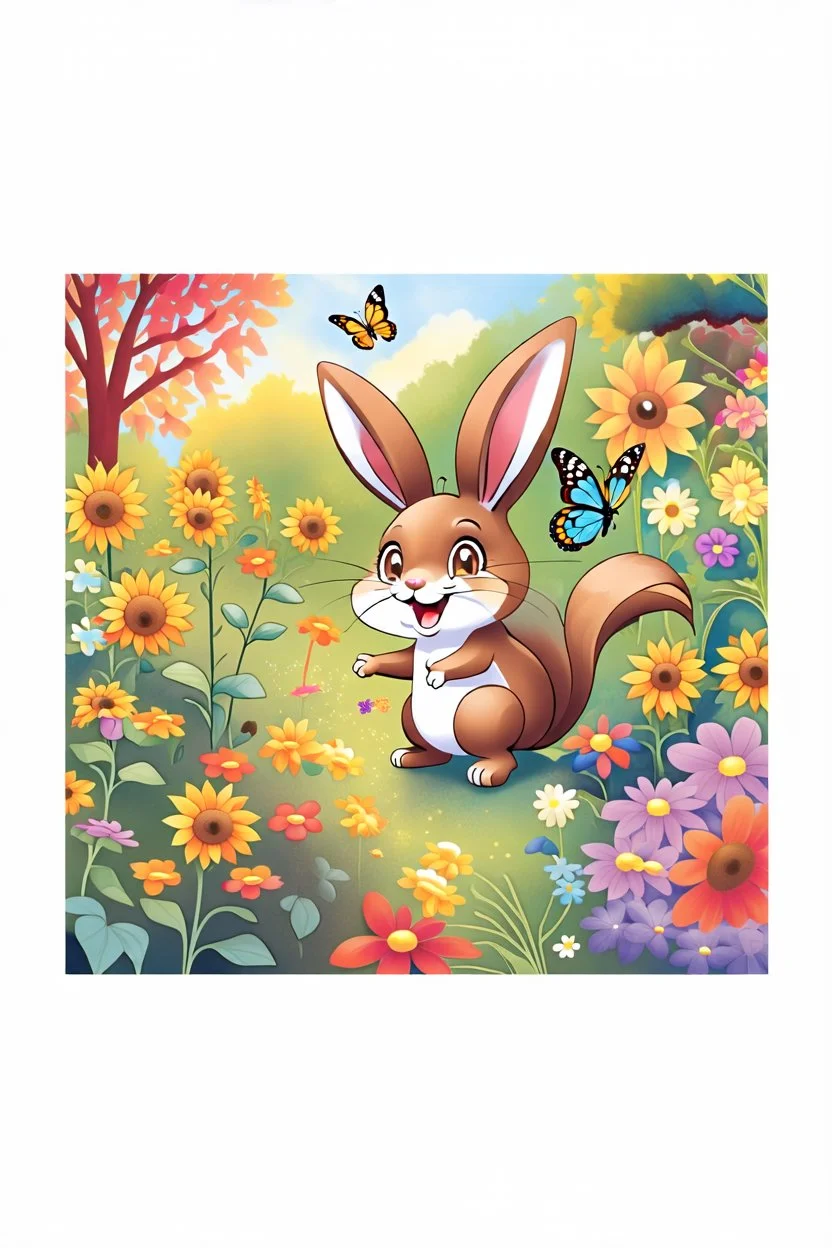 The cute bunny excitedly looks at a bright yellow sunflower in the colorful garden, the beautiful butterfly and friendly brown squirrel are smiling, child book illustration style, faces must be the same as reference image