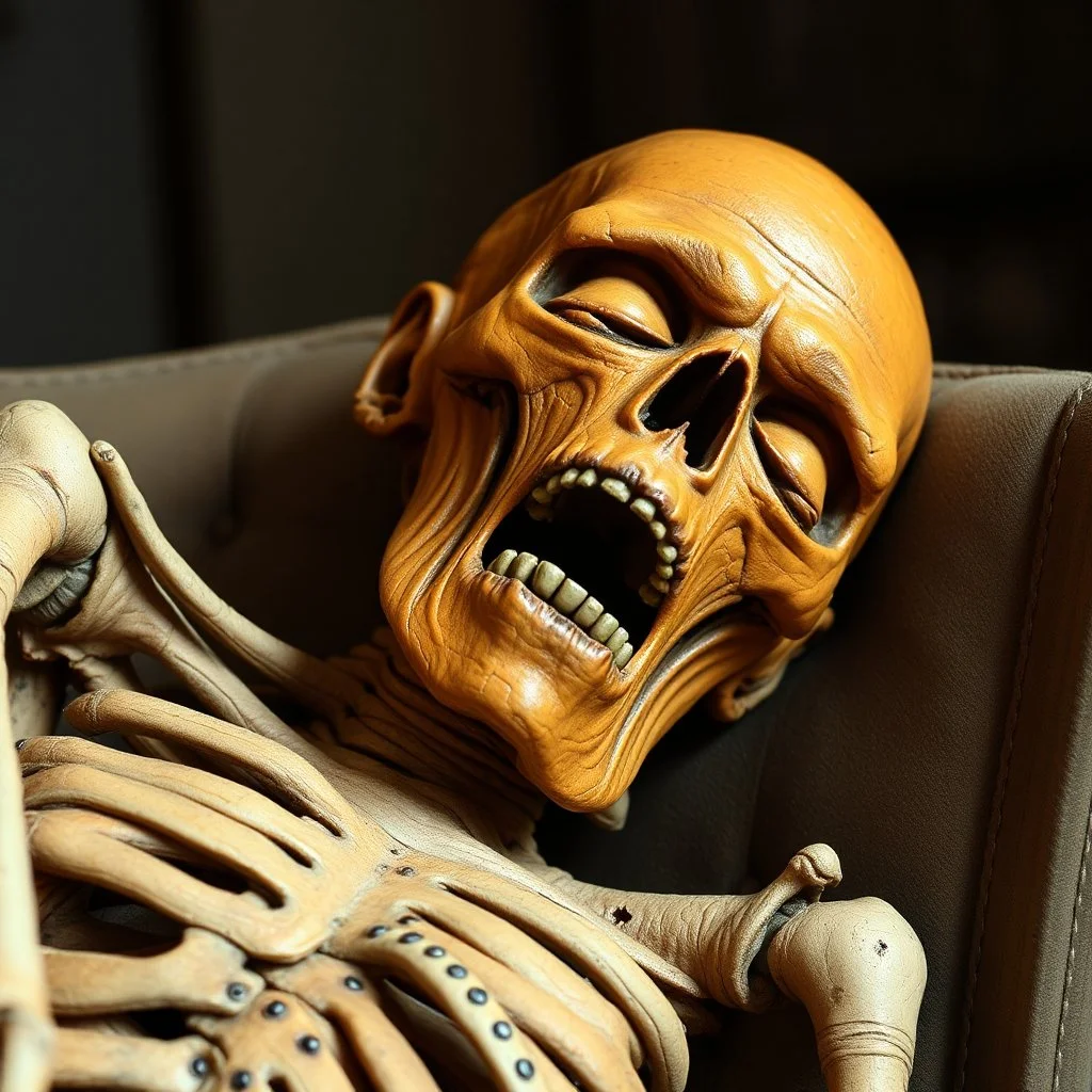 a decrepit orange mummy leaned over in a chair, mouth open, eyes closed