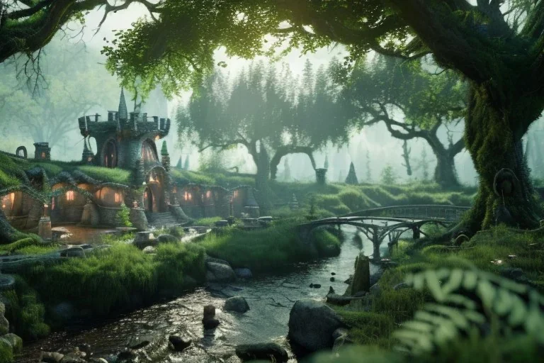 Immersive​ fantasy elven city in forest rivendell tree beautiful nature river 4k full hd