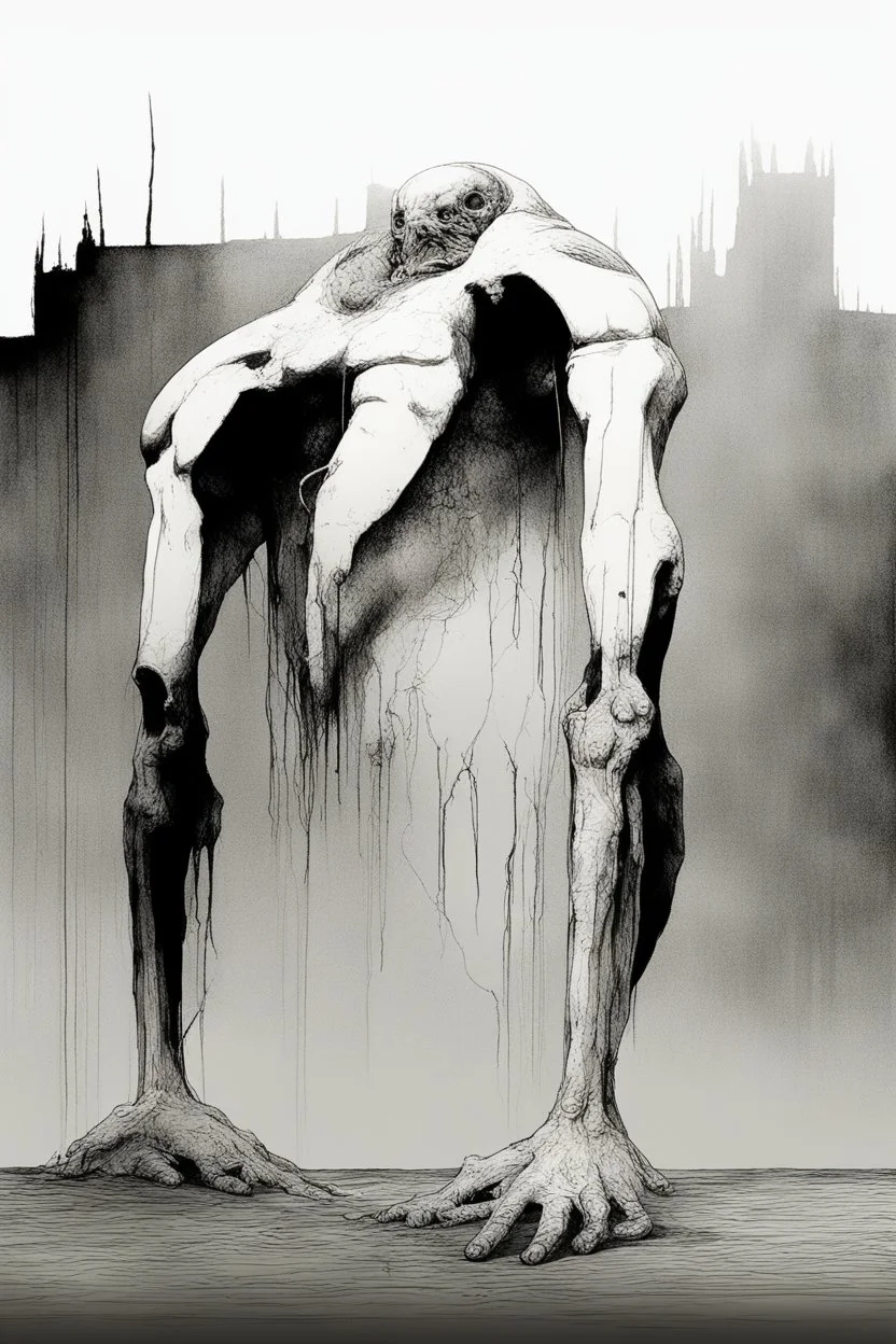 The full body of a fat man standing , decayed and rotting with grotesque proportions and imagery. surreal horror, biomechanical design, by hr giger and beksinski, fine line draw