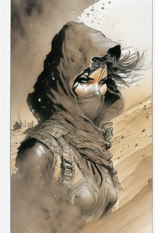 create an ink wash and watercolor, fine art print full body portrait illustration of a rugged gritty, roughly textured, hooded, black clad and dusty Fremen female mercenary with highly detailed feminine facial features, amidst the billowing desert storms of Arrakis, in the comic book art style of Bill Sienkiewicz, and Jean Giraud Moebius, finely textured, drawn, colored, and inked,