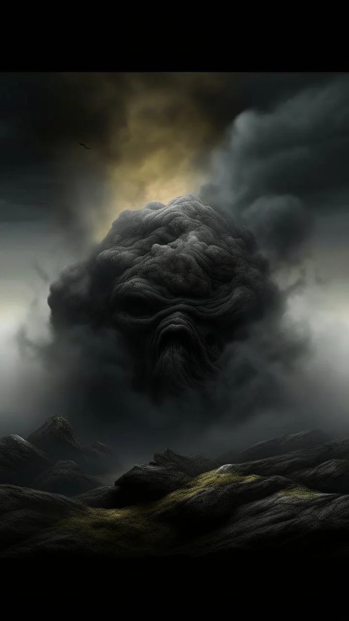 ,surrealism of the dark of a nightmare , hyper photorealistic, hyper detailed dark art color, high resolution, fog, octane render, tilt shift, HDRI Environment, all pictures dark gray, a cigar shape stone hovering in the sky