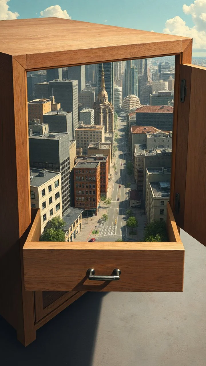 Make an open drawer of a cabinet contain inside it a surreal modern city with buildings and streets from top view Bosch painting style