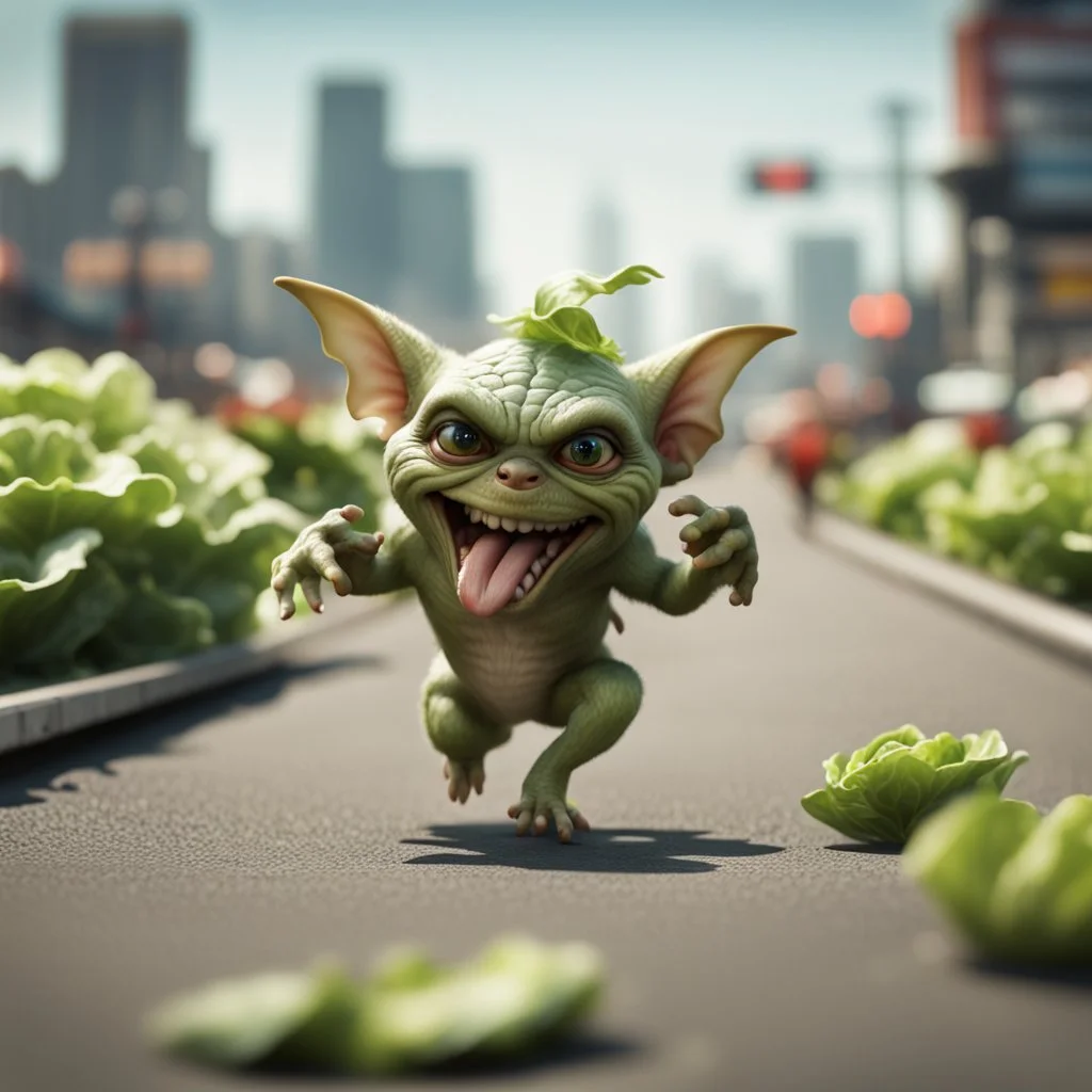 gremlins in 100 m championship on freeway running on lettuce cabbage, in the style of a fallout 4,bokeh like f/0.8, tilt-shift lens 8k, high detail, smooth render, down-light, unreal engine, prize winning